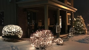 A snow-covered front yard with illuminated bushes and a snow globe decoration.