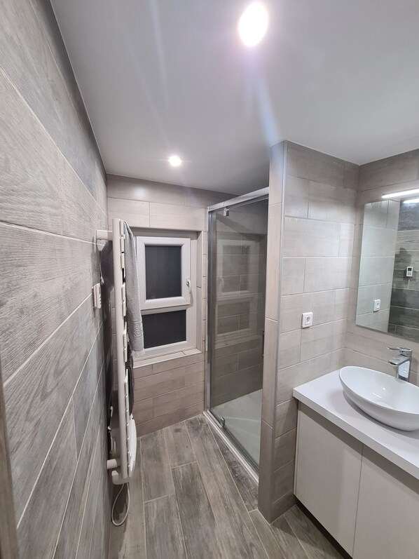 Shower, hair dryer, towels