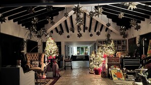 A spacious living room with a high ceiling, decorated with star-shaped ornaments and two Christmas trees. - Artist Cliffside Home with private beach access and cabana and two cats. (Punta de mita Bahía de banderas)