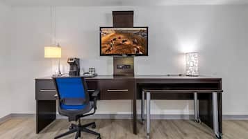 Desk, laptop workspace, free WiFi, bed sheets