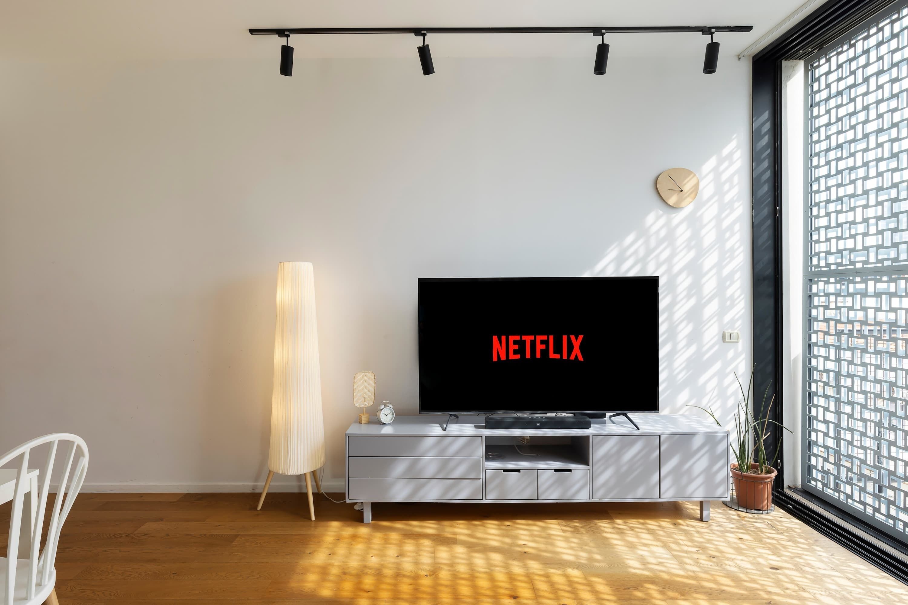 A modern living room with a flat-screen TV displaying "NETFLIX," a white sofa, a floor lamp, and a potted plant.