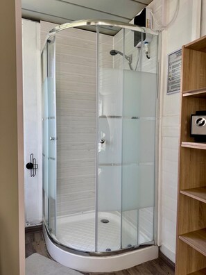 Hair dryer, towels, soap, toilet paper