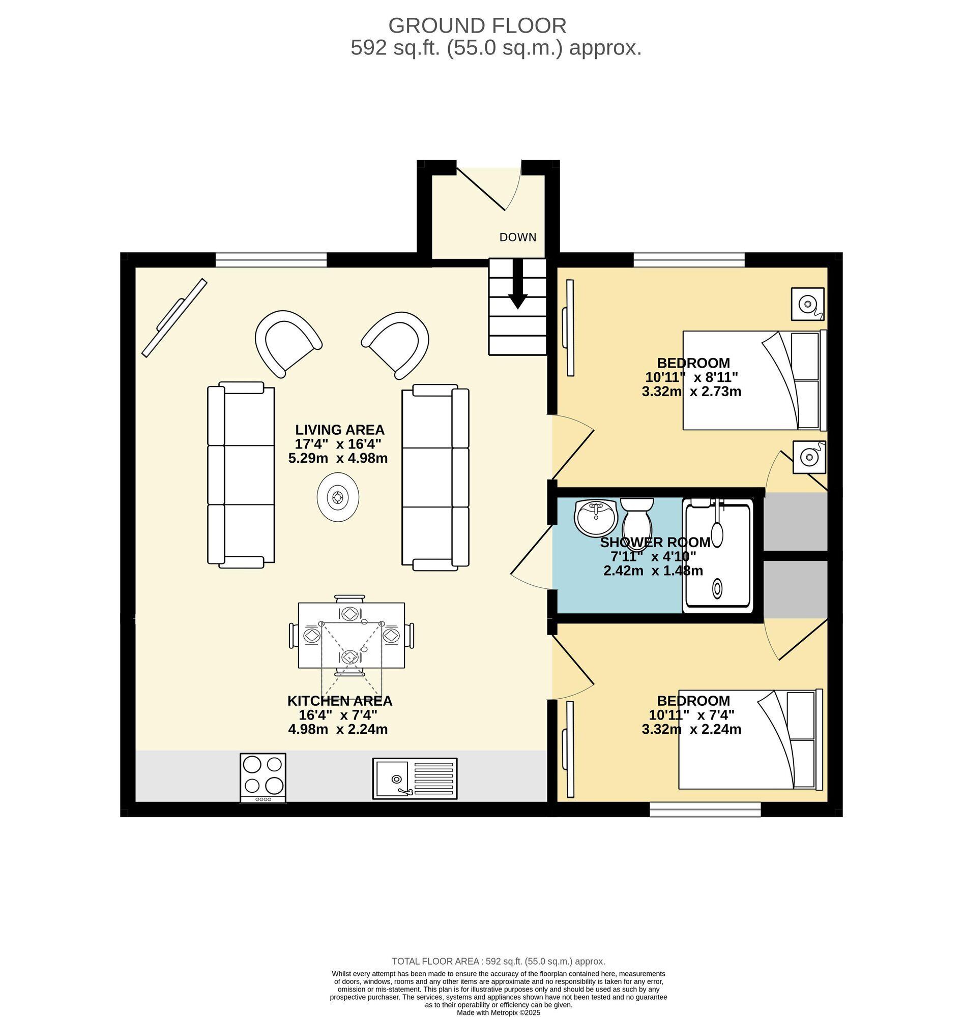 Grundriss eines Hauses im Erdgeschoss mit Wohnbereich, Küche, zwei Schlafzimmern und einem Badezimmer.