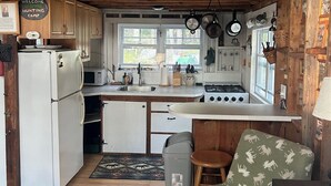 A rustic cabin interior with a kitchen, dining area, and a ceiling adorned with animal skulls. - Escape to Green Lake (Ellsworth)