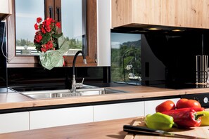 Fridge, stovetop, toaster, cookware/dishes/utensils