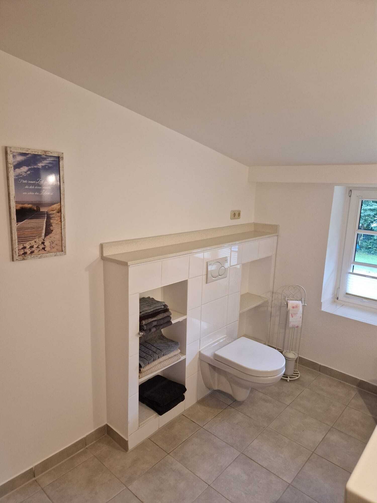 Une salle de bain avec des toilettes, une étagère où sont pliées des serviettes et un tableau encadré au mur.