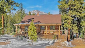A log cabin with a porch and a mountain in the background. - Rustic Log Cabin near National Park with Hot Tub & Mountain Views (Allenspark)