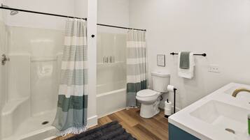 Hair dryer, towels, soap, toilet paper