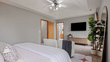 A bedroom with a bed, a ceiling fan, a TV, a mirror, and a potted plant.