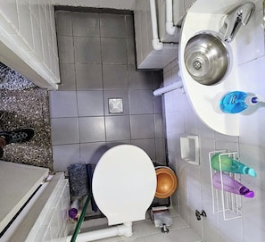 Hair dryer, towels, soap, shampoo