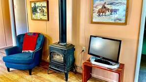 A cozy living room with a blue armchair, a wood-burning stove, a television on a wooden stand, and two framed pictures on the wall.
