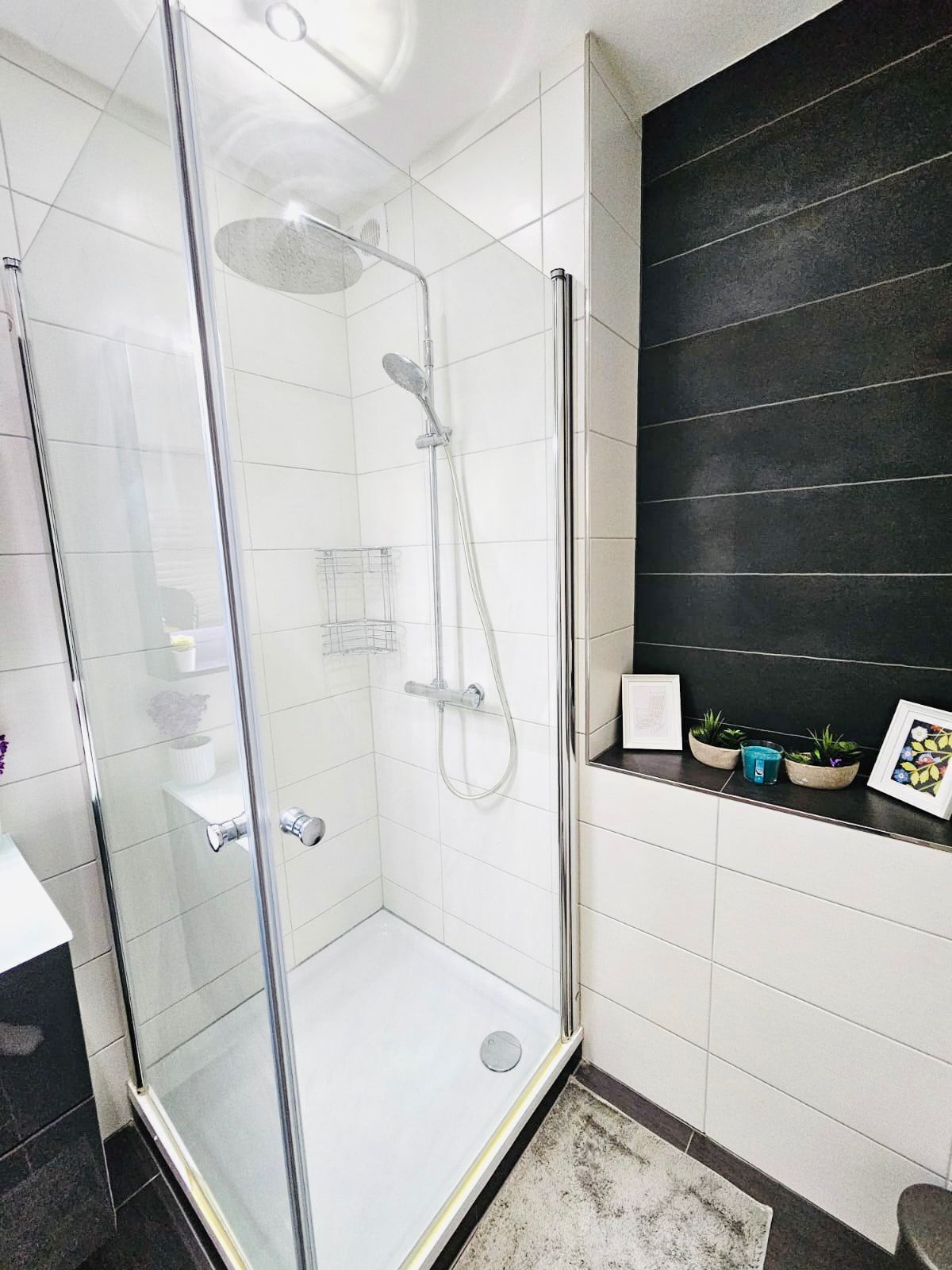 A modern bathroom with a glass-enclosed shower, white tiled walls, a black accent wall, and a shelf with small plants and a framed picture.