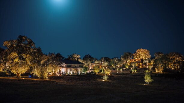 A nighttime view of a residential area with houses and trees, illuminated by street lighting.