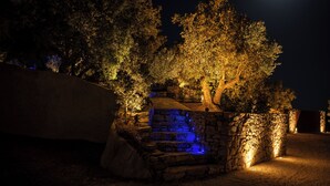 A stone staircase leading up to a tree, surrounded by a stone wall, with ambient lighting.