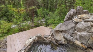 A wooden deck leading to a natural pool surrounded by rocks and dense forest. - Private Hot Spring | River | Brundage | Off Grid (New Meadows)