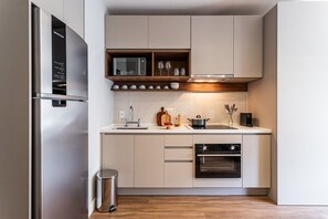 Comfort Studio | Private kitchen | Full-size fridge, microwave, stovetop, coffee/tea maker