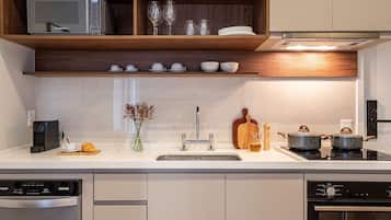 Exclusive Apartment | Private kitchen | Full-size fridge, microwave, stovetop, coffee/tea maker