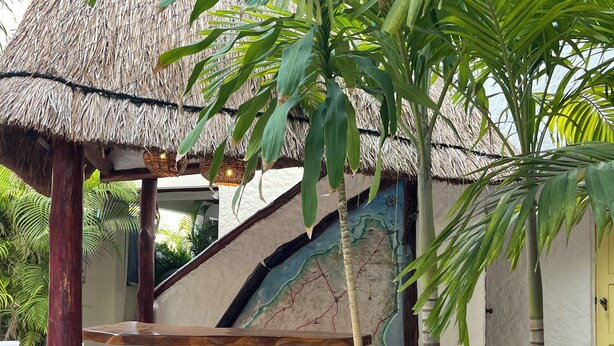 A thatched-roof structure with a wooden table and stools, surrounded by tropical plants. - Marvin Suites (Isla Holbox)