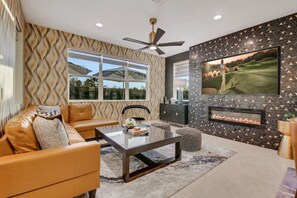Smart TV, fireplace, video games, table football