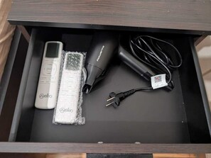 Hair dryer, towels, soap, toilet paper