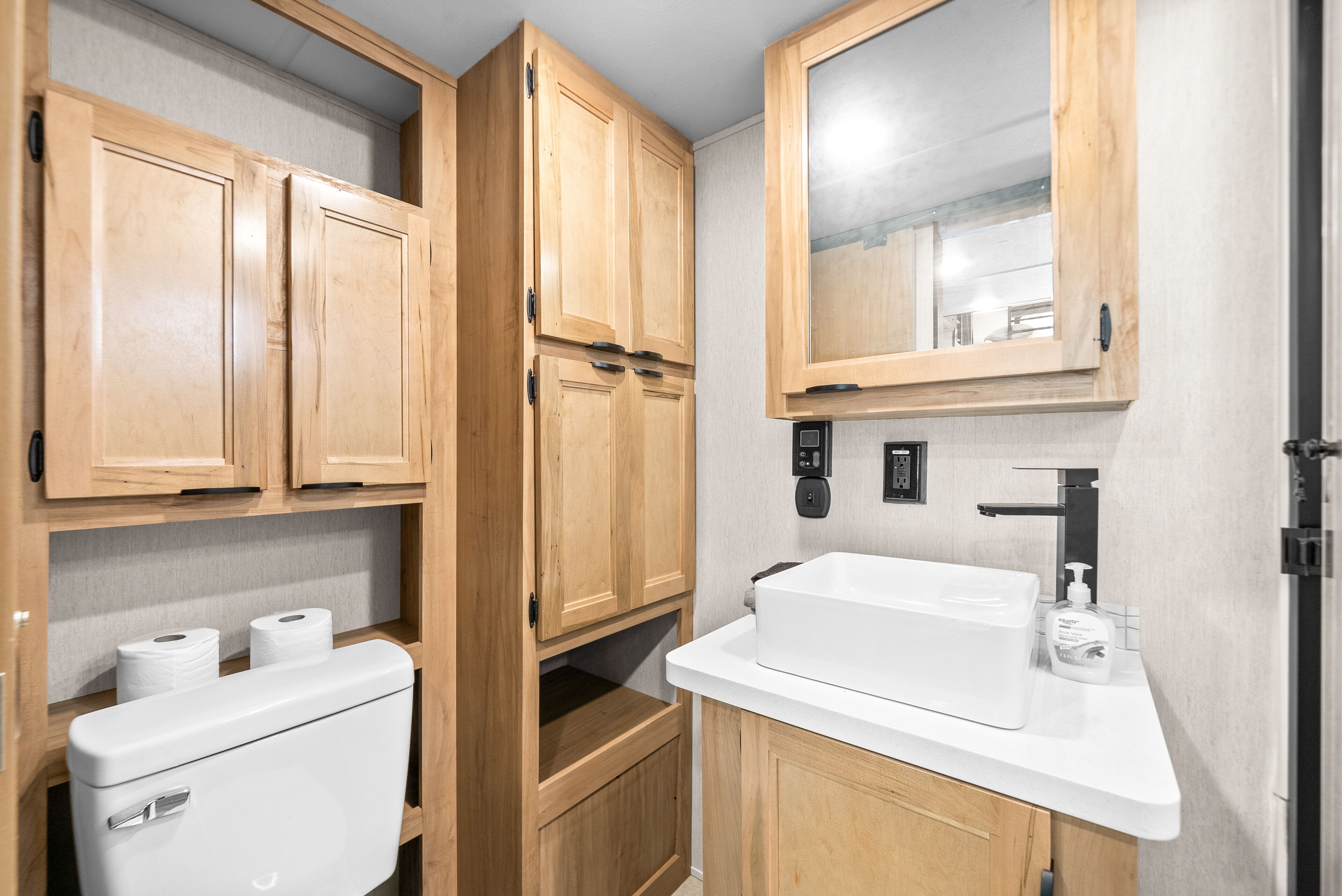 Shower, towels, soap, toilet paper