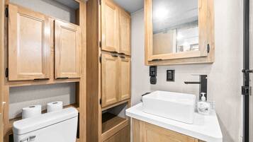 Shower, towels, soap, toilet paper