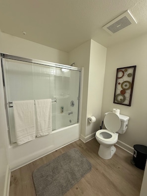 Hair dryer, towels, soap, toilet paper