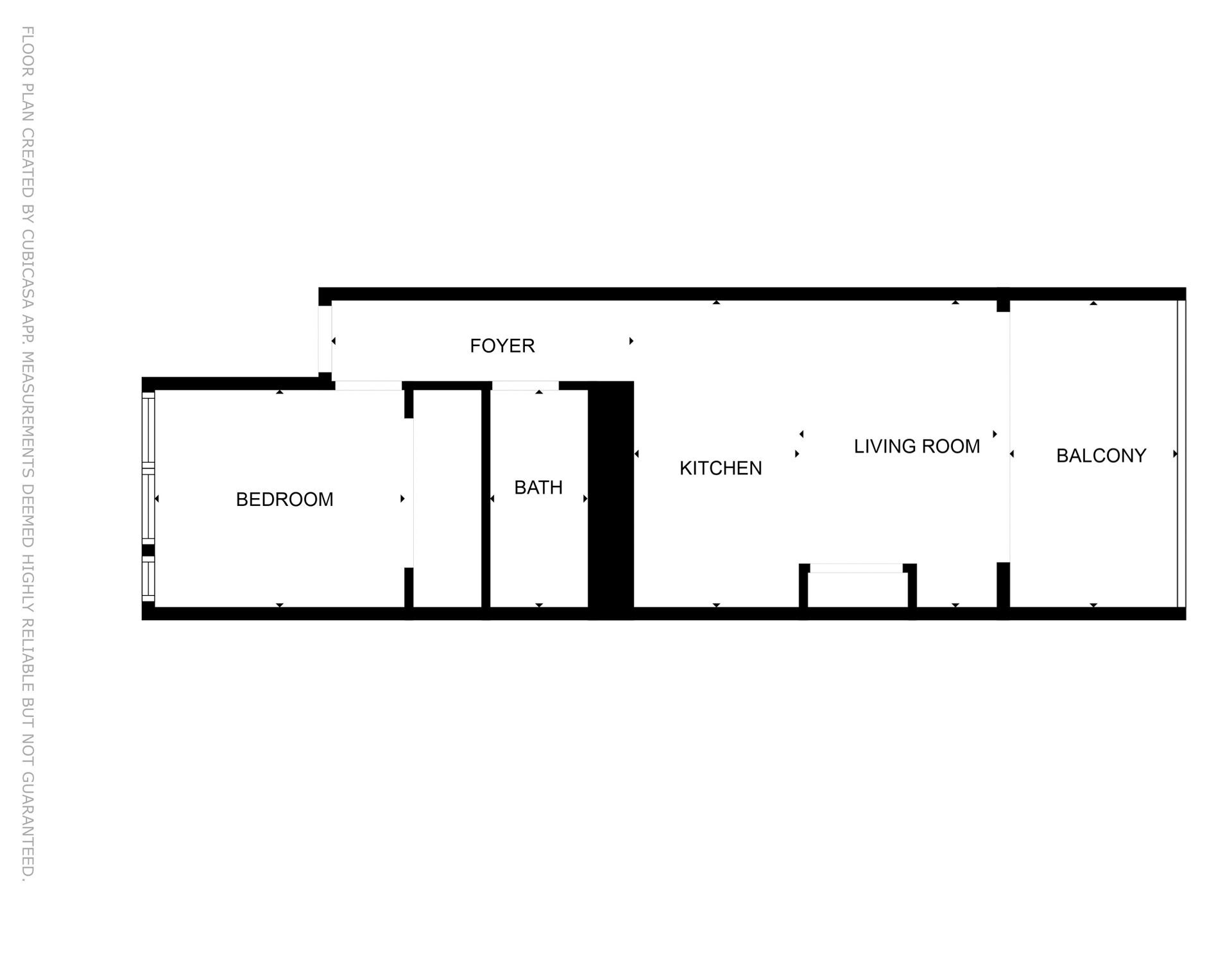 Un plan d’étage comprenant une chambre, une salle de bain, un hall d’entrée, une cuisine, un salon et un balcon.