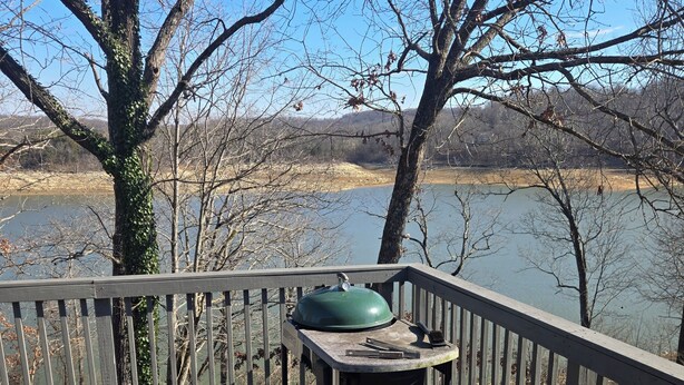 Eine Holzterrasse mit Grill und Tisch, mit Blick auf ein Gewässer und Bäume.