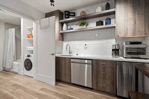 Fridge, microwave, dishwasher, coffee/tea maker