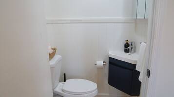 A small, clean bathroom with a white toilet, a white sink, and a dark cabinet.