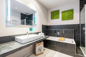 Milieuvriendelijke toiletartikelen, een haardroger, handdoeken, zeep