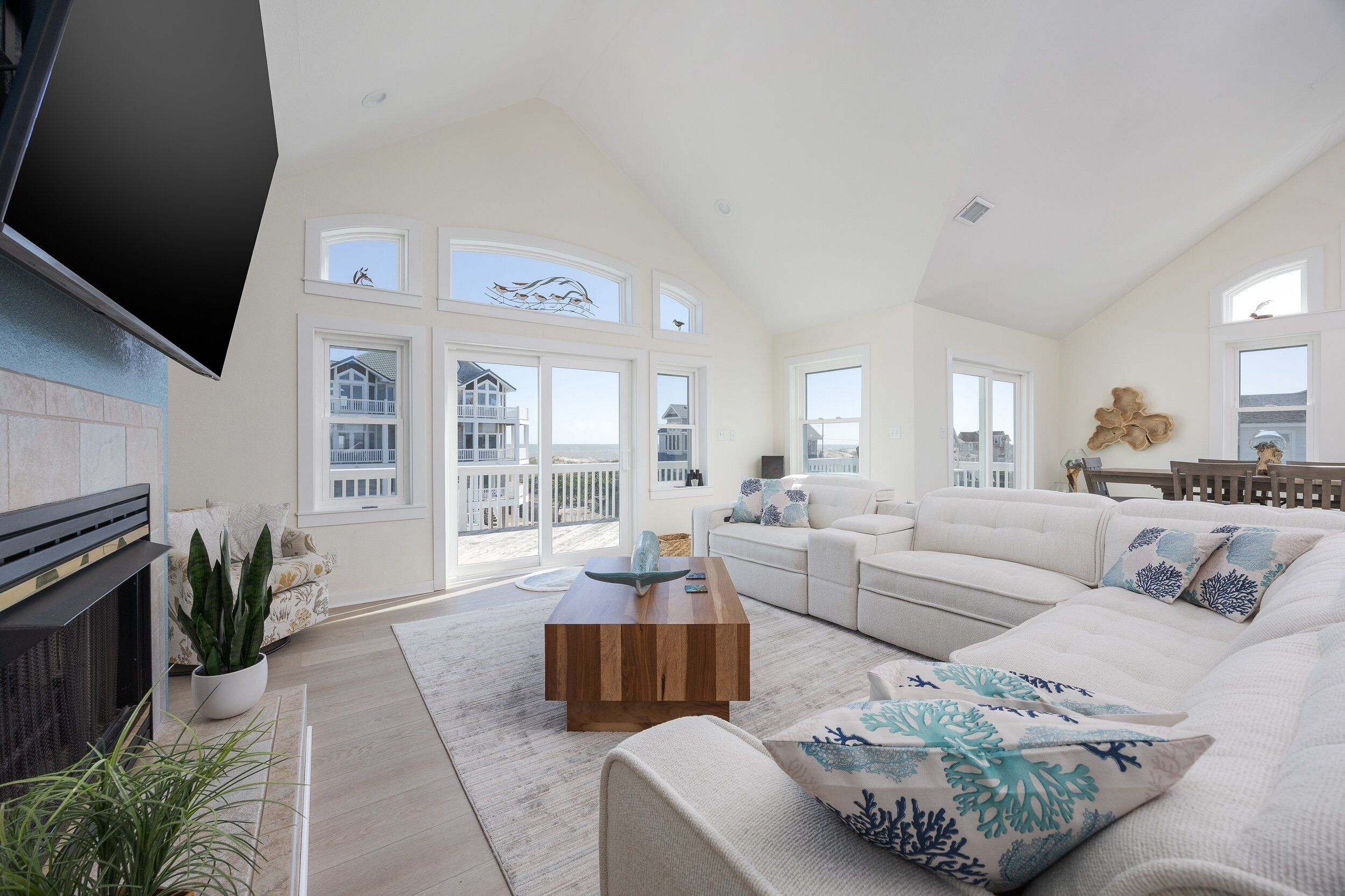 TV, fireplace, books