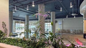 Un espace intérieur doté de grandes fenêtres, d’un plafond au design industriel et de plantes d’intérieur.
