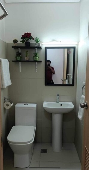 Shower, hair dryer, bidet, towels