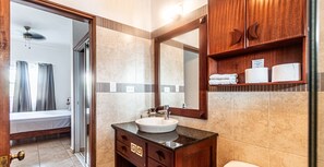 Hair dryer, towels, soap, toilet paper