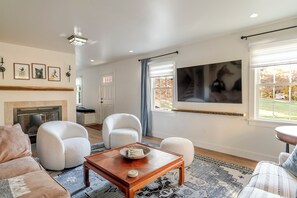 Smart TV, fireplace, books