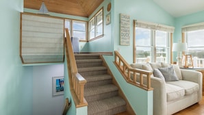 Un escalier avec des rampes en bois mène à un mur bleu clair. Un tableau encadré est accroché au mur, et une pancarte indique des lieux tels que « COROLLA » et « RODANTHE ».