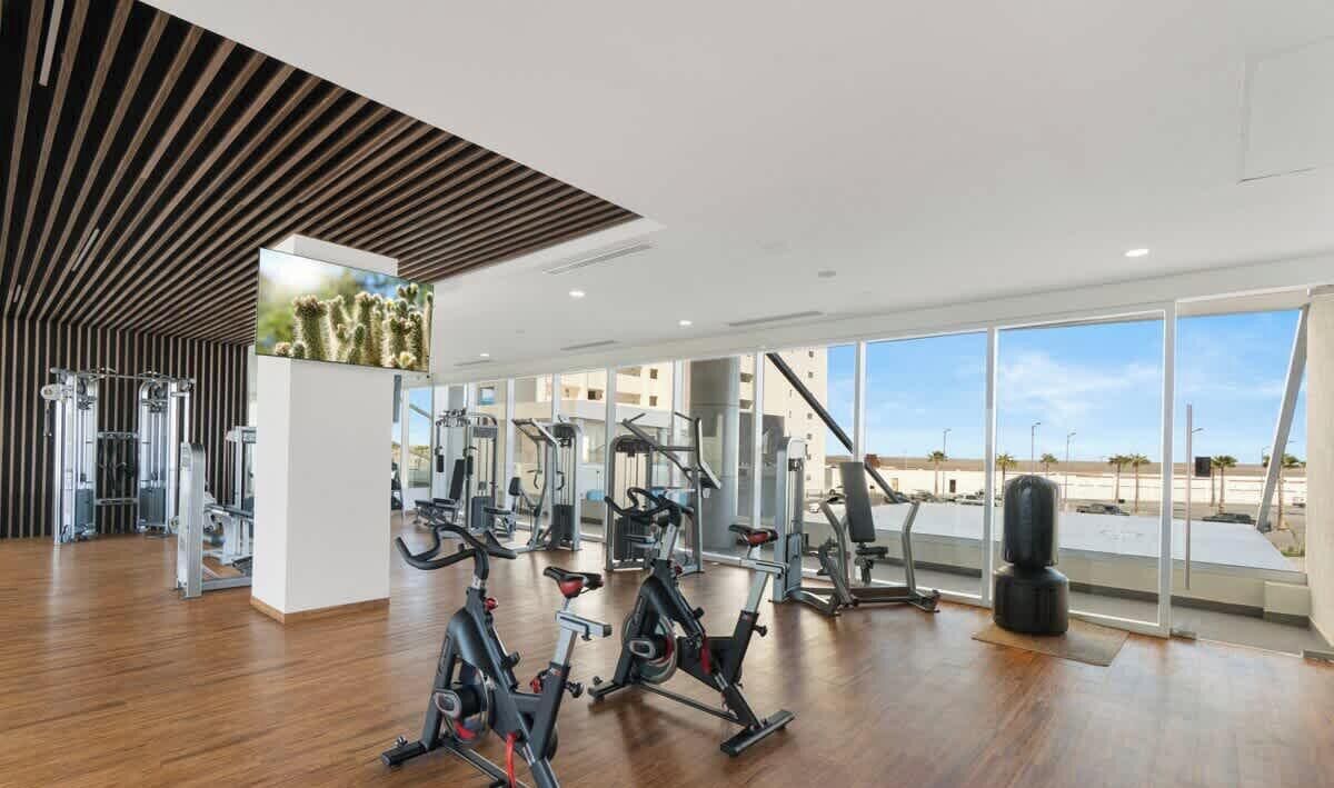 Un gimnasio con máquinas de cardio, pesas libres y un amplio ventanal con vistas al exterior.
