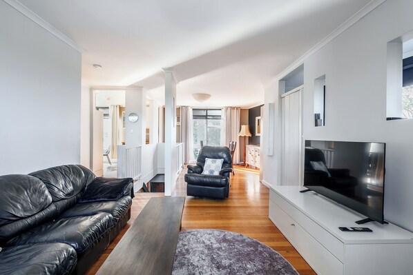 TV, fireplace, books