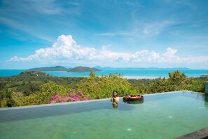 An infinity pool with a clear view of a coastal landscape and distant mountains.