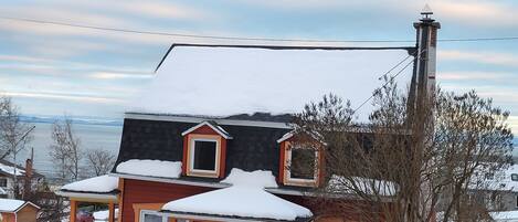 Zona residencial con casas cubiertas de nieve, cielo despejado y una vista distante de un cuerpo de agua.