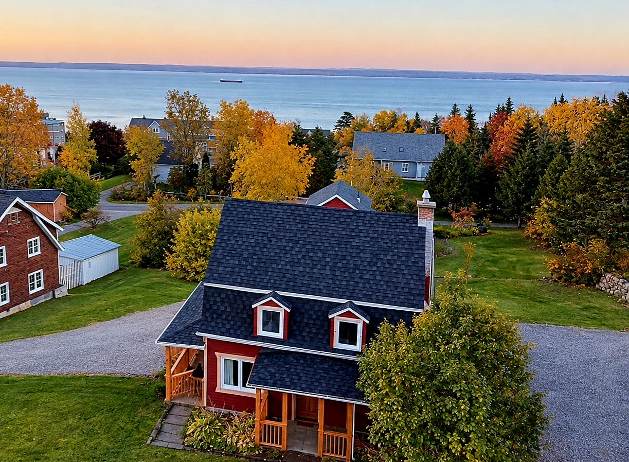 A residential property with a two-story house, a covered porch, and a view of the sea.