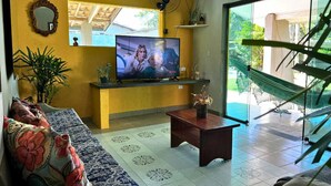 Un salon avec un canapé, une table basse, un téléviseur et un hamac.