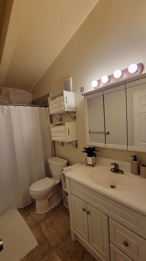 Hair dryer, towels, soap, toilet paper
