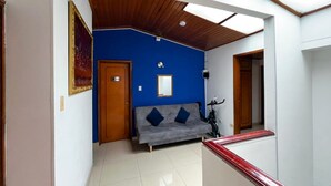 Een kamer met een blauwe accentmuur, een grijze bank, een houten deur en een fiets.