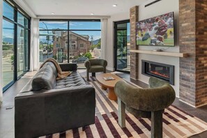 Smart TV, fireplace, books