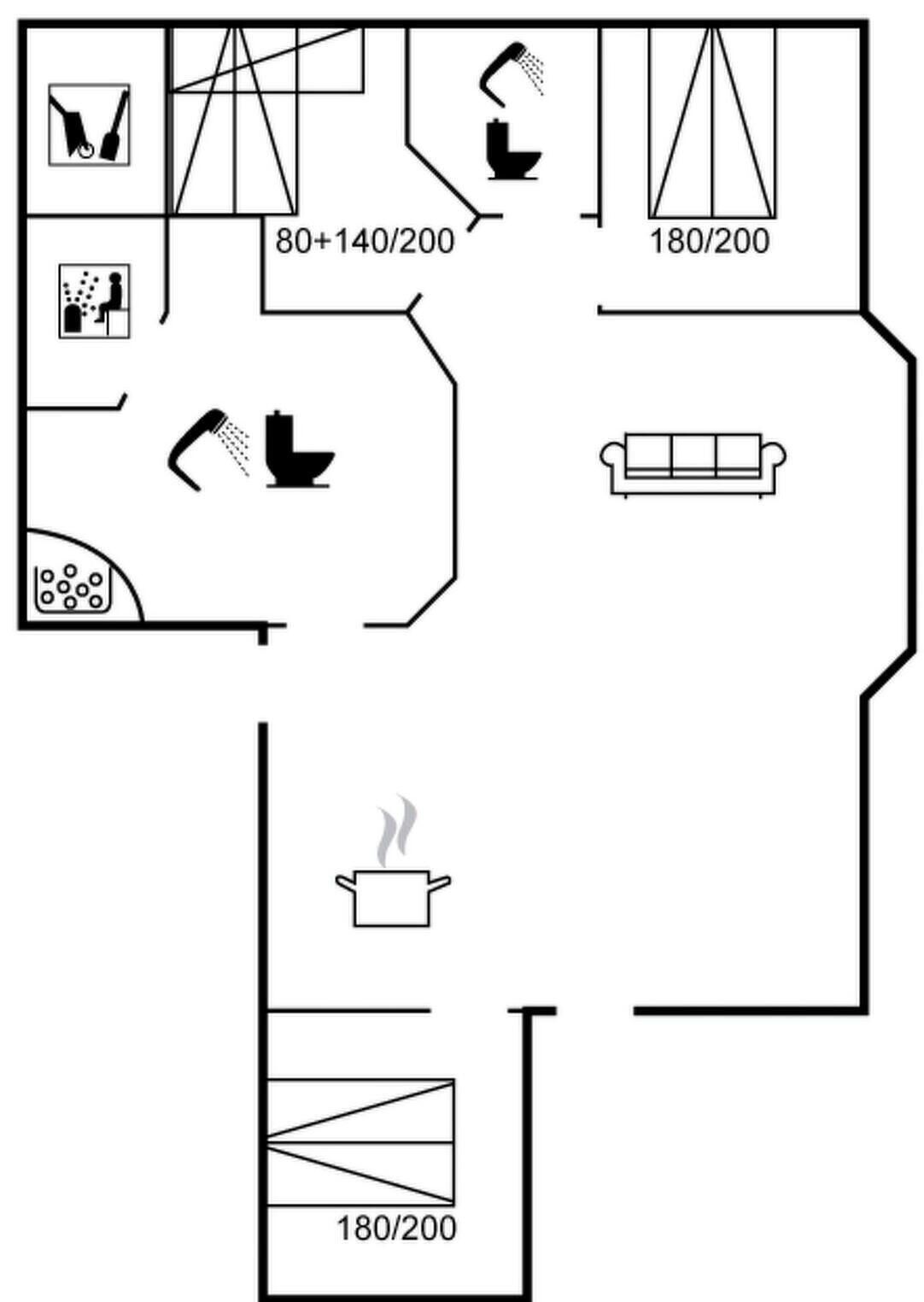 A floor plan with a bathroom, a kitchen, and a living area.