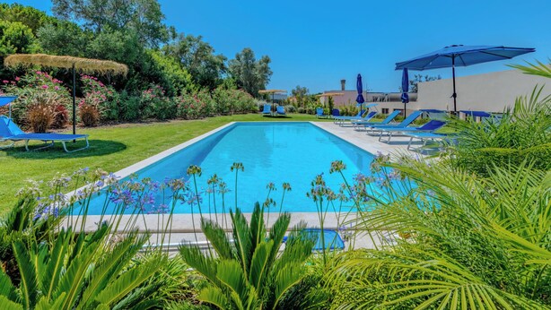 A rectangular swimming pool with blue water, surrounded by a grassy area with blue lounge chairs and umbrellas. - Suites Sunny Hill by Interhome (Moncarapacho/Olhão)