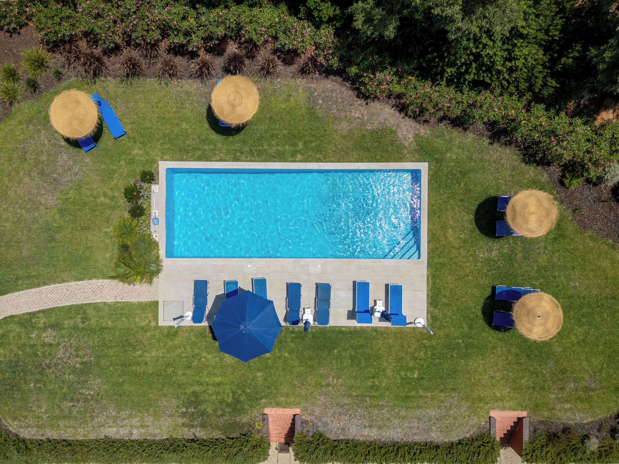 Luchtbeeld van een rechthoekig zwembad met een omliggend terras, ligbedden en een blauwe parasol.